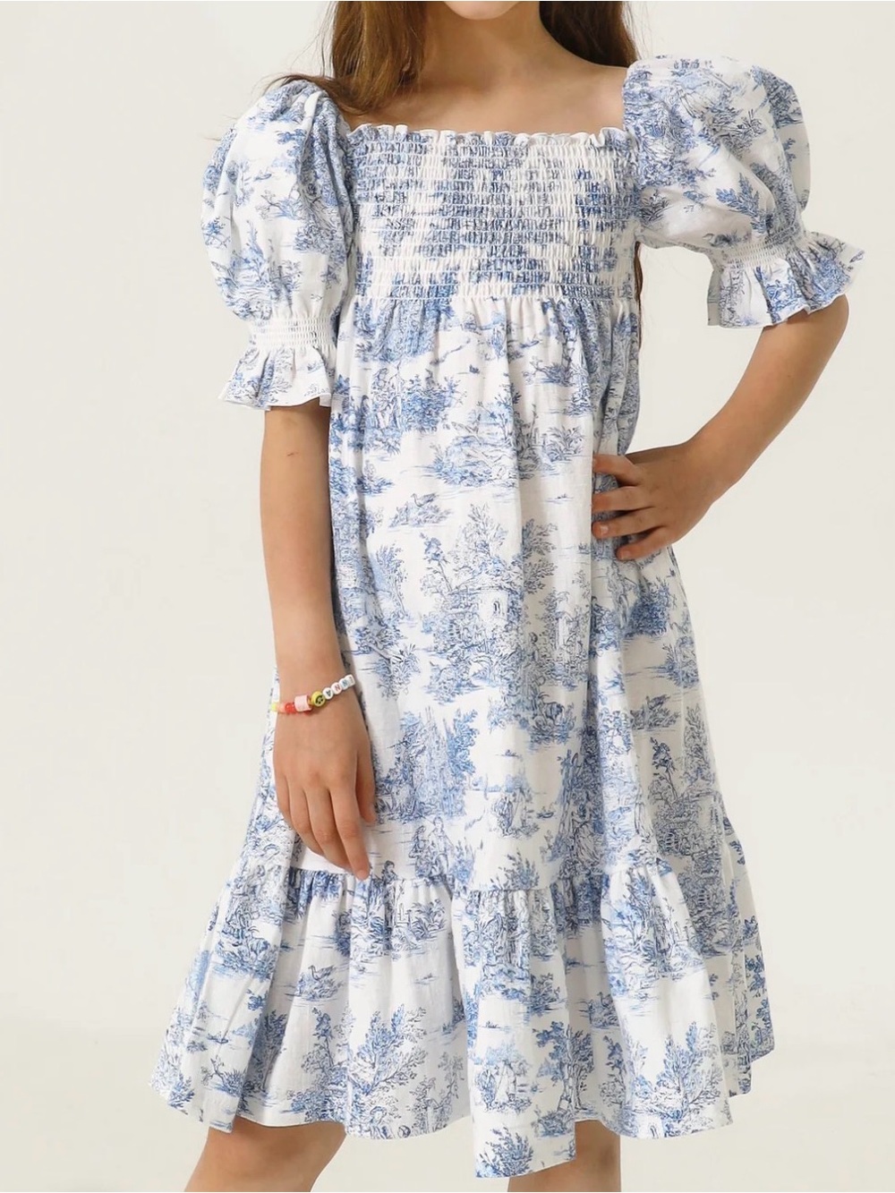 Blue and White Smocked Puff-Sleeve Kids Dress